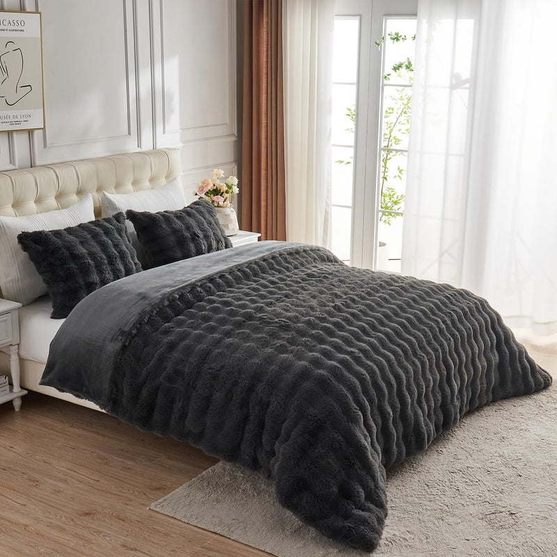 Lotus Karen Lotus Karen Fluffy Comforter Cover Set-Rabbit Fluff Faux Fur Duvet Cover Queen Size Dark Gray Plush Fuzzy Furry Bedding Sets 3Pieces(1 Duvet Cover & 2 Pillow Shams) Zipper Closure  - Image 4