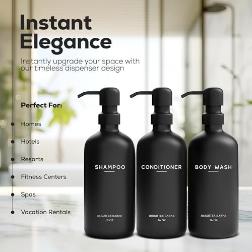 Brighter Barns Black Shampoo and Conditioner Dispenser Set by Brighter Barns - Refillable Plastic Shower Soap Dispensers for Bathroom - Body Wash & Shampoo Bottles - Modern Bathroom Decor for Hotel, Airbnb (Black) - Image 2