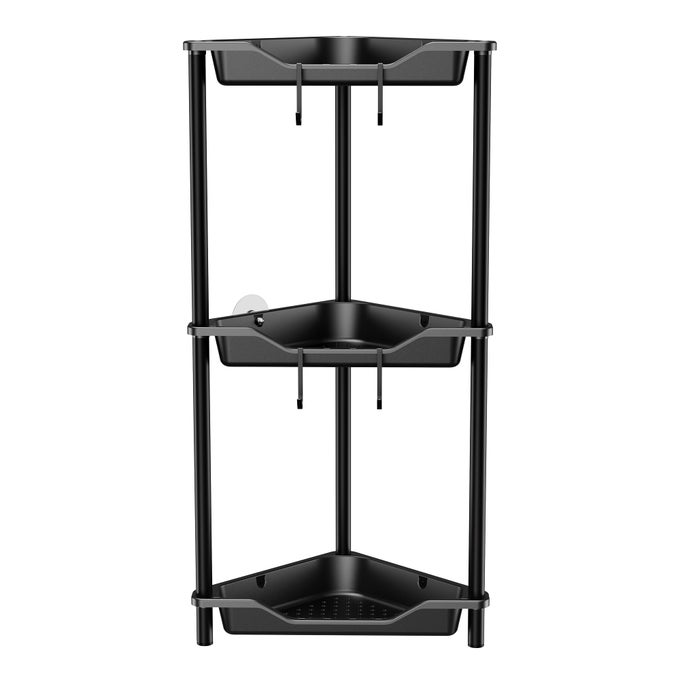 RUSTPROOF 3 TIER FLOOR STANDING CORNER SHOWER CADDY ORGANIZER PLASTIC METAL SPLICING FLOOR CORNER SHELF RACK STANDS FOR BATHROOM BLACK