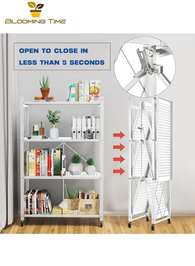 BLOOMING TIME 4-Tier Foldable Storage Shelf with Wheels, Kitchen Storage Shelves,Pantry&Closet Organizer White - Image 2