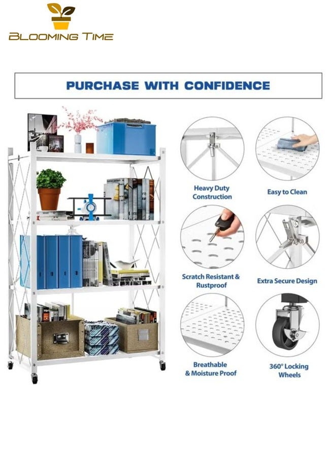 BLOOMING TIME 4-Tier Foldable Storage Shelf with Wheels, Kitchen Storage Shelves,Pantry&Closet Organizer White - Image 3