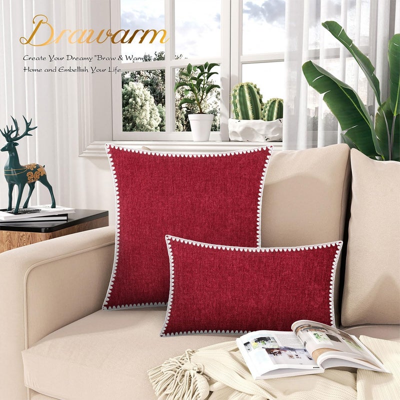 BRAWARM Throw Pillow Covers 20x20 Inches - Deep Red Chenille Pillow Covers with Shell Edge, Pack of 2 Solid Dyed Soft Chenille Pillow Cases for Couch Sofa Bed Home Decoration - Image 3