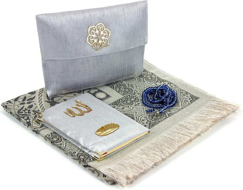 İhvan Ihvan Father's Day Special Name Printed Fabric Covered Yasin Book Set with Prayer Mat, Rosary and Pouch - Gray Color