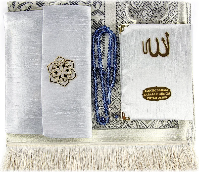 İhvan Ihvan Father's Day Special Name Printed Fabric Covered Yasin Book Set with Prayer Mat, Rosary and Pouch - Gray Color