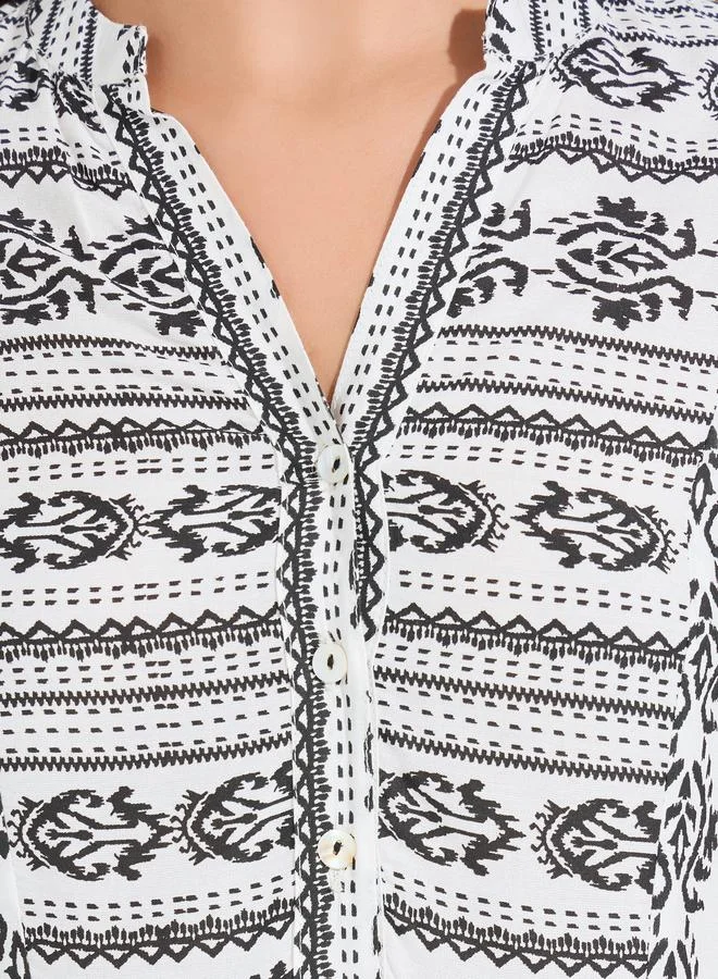 Styli AOP Notch Neck Maxi Dress with Bell Sleeve