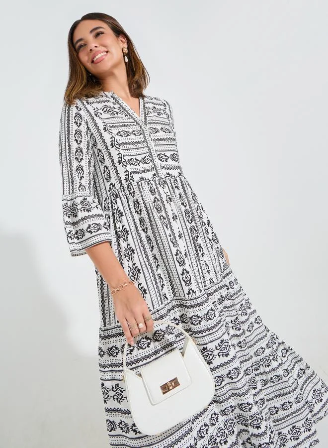 Styli AOP Notch Neck Maxi Dress with Bell Sleeve