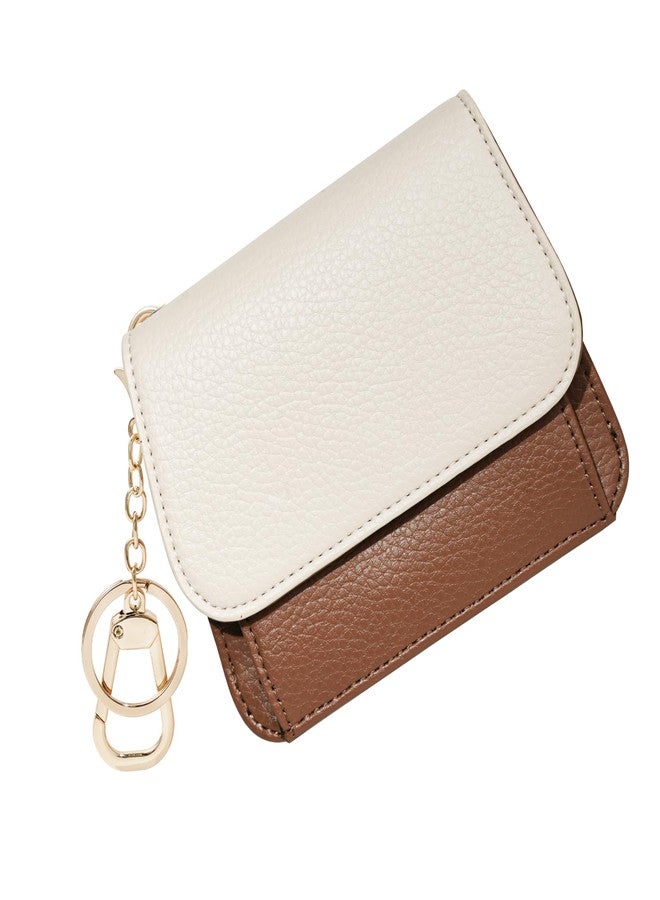 Sunpour Women Small Wallet RFID Blocking Slim Wallet with Coin Pocket Tri-Fold Credit Card Holder with ID Window and Keychain, Beige＆Brown, 4.6"L x 3.8" W x 0.7" H, Minimalist - Image 1