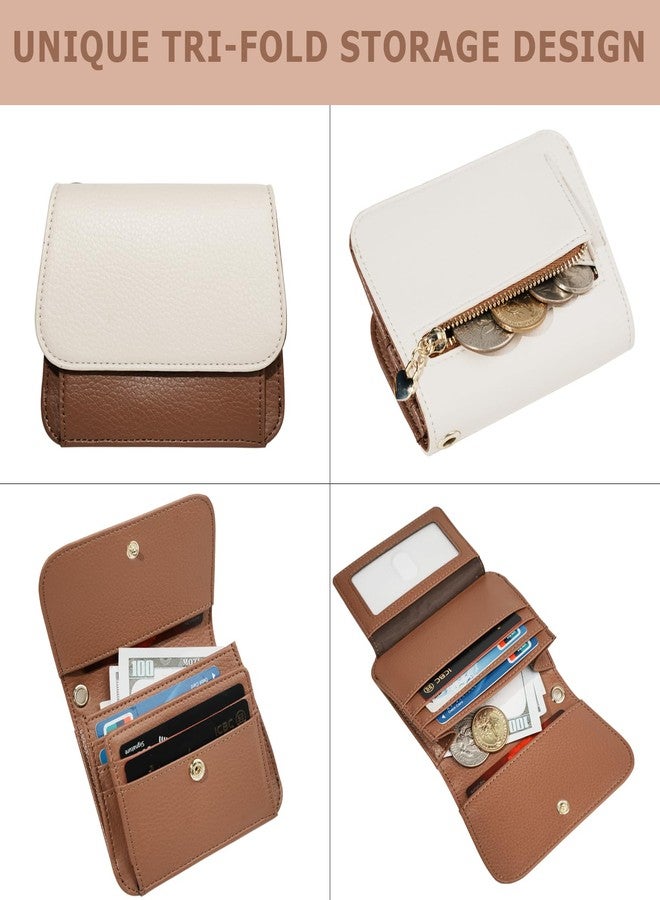 Sunpour Women Small Wallet RFID Blocking Slim Wallet with Coin Pocket Tri-Fold Credit Card Holder with ID Window and Keychain, Beige＆Brown, 4.6"L x 3.8" W x 0.7" H, Minimalist - Image 3