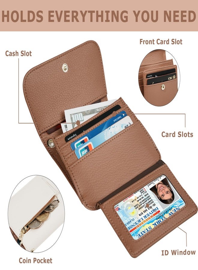 Sunpour Women Small Wallet RFID Blocking Slim Wallet with Coin Pocket Tri-Fold Credit Card Holder with ID Window and Keychain, Beige＆Brown, 4.6"L x 3.8" W x 0.7" H, Minimalist - Image 4