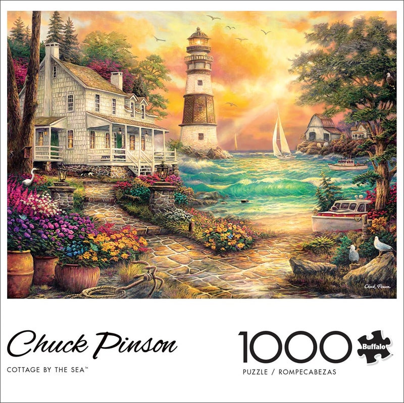 Buffalo Games - Chuck Pinson - Cottage by the Sea - 1000 Piece Puzzle for Adults, Serene Lighthouse Jigsaw with Poster, Premium Scenic Puzzle for Game Nights - Image 1