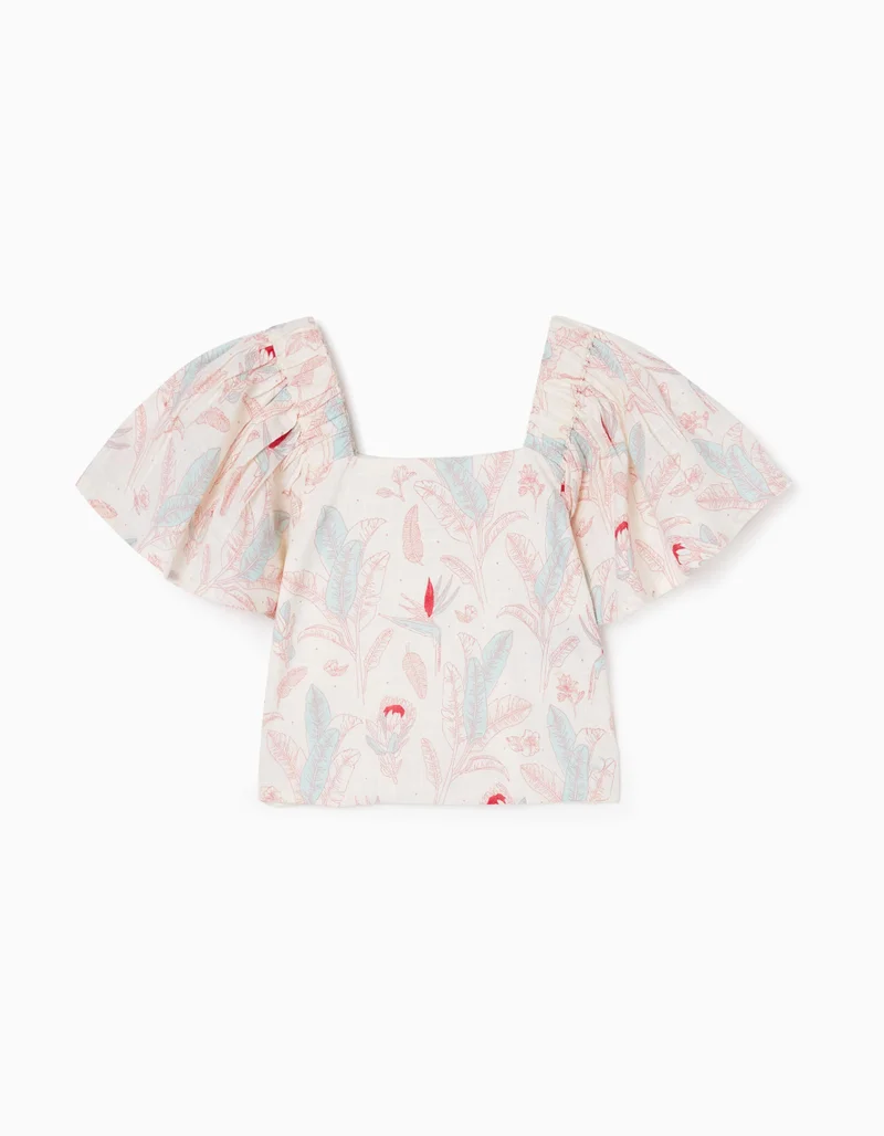 Zippy Cotton Top with Floral Motif for Girls, Beige
