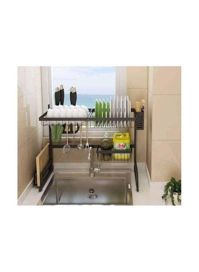 رف تجفيف الأطباق عرض 65 سم فوق الحوض   ، رف أطباق من طبقتين من الفولاذ المقاوم للصدأ، رف أطباق كبير لتجفيف الأطباق ومنظم المطبخ، موفر للمساحة باللون الأسود