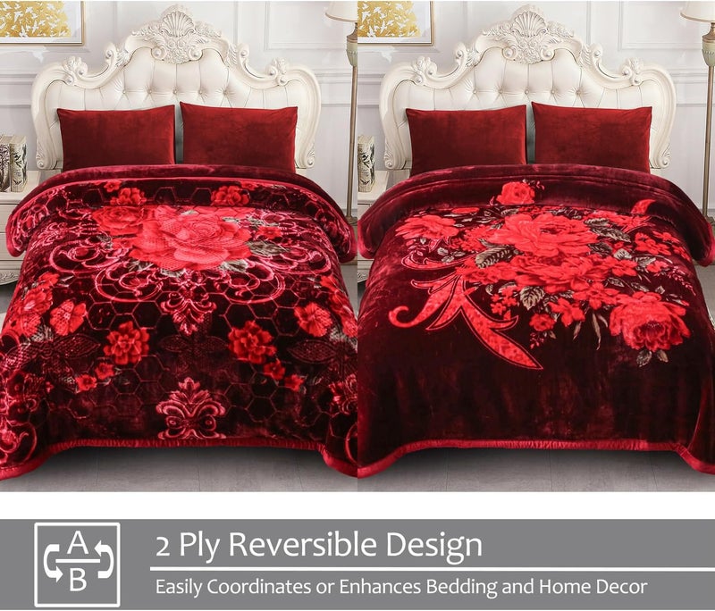 JML Korean Style Mink Blanket King Size 85" x93", 10 Pounds Plush Fleece Blanket, 2 Ply A&B Printed, Silky Soft and Warm Raschel Bed Blanket for Winter (Burgundy Roses) - Image 3