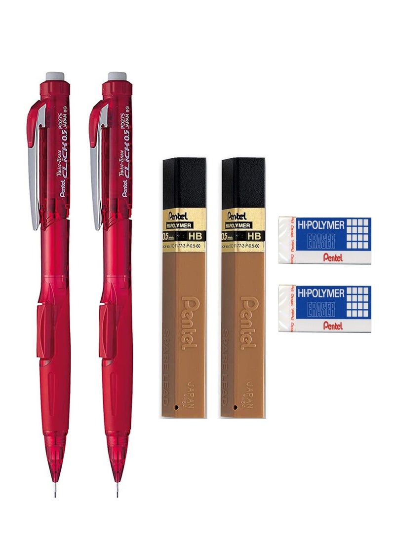Pentel 2-Piece Mechanical Pencil 0.5mm Tip With Two Pack of Leads and Erasers - Image 1