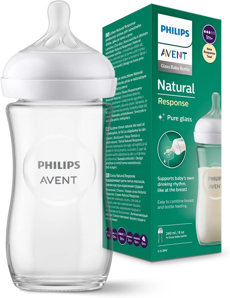 Philips Avent Natural Response Glass Baby Bottle - 240ml, BPA Free for Newborns 1 Month+ - Image 1