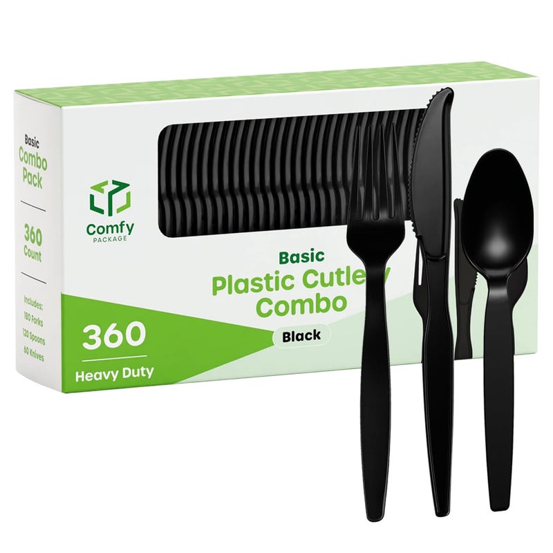 Comfy Package [360 Combo Pack] Basic Black Plastic Silverware  Heavyweight Disposable Utensils - 180 Forks  120 Spoons and 60 Knives Perfect Cutlery for Parties  Birthdays and Dinner - Image 1