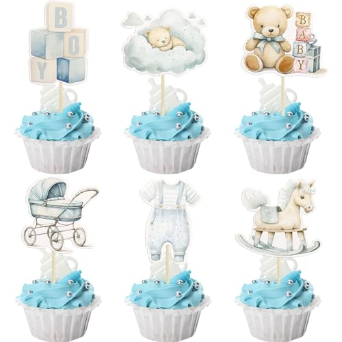 Ephlyn 36Pcs Baby Boy Cupcake Toppers Baby Shower Decorations for Boy Bear Its a Boy Cupcake Picks Decorations for Baby Boys Birthday Party Cake Decorations Blue - Image 1