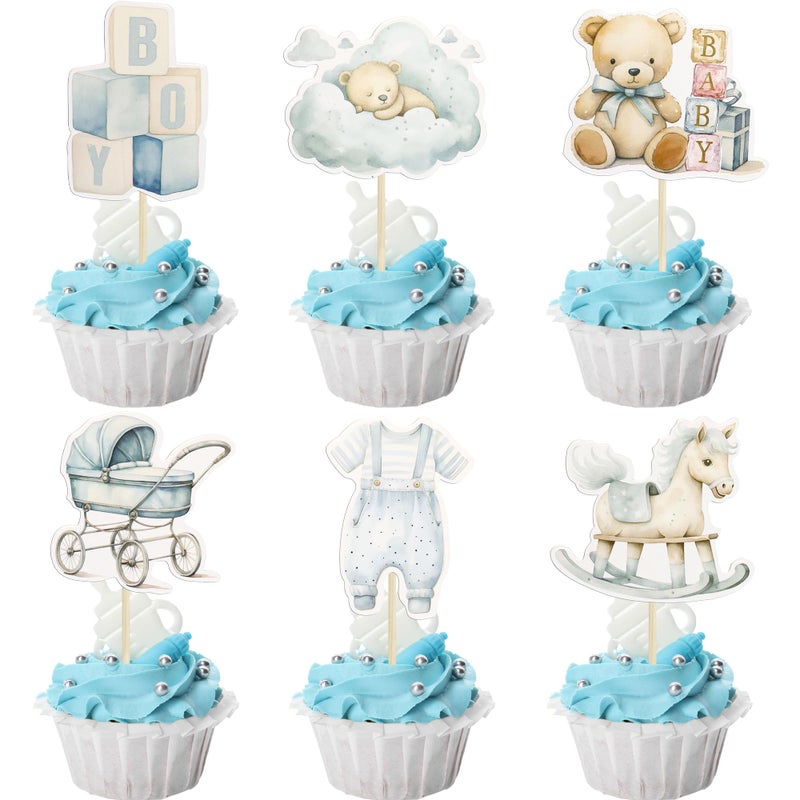 Ephlyn 36Pcs Baby Boy Cupcake Toppers Baby Shower Decorations for Boy Bear Its a Boy Cupcake Picks Decorations for Baby Boys Birthday Party Cake Decorations Blue - Image 2