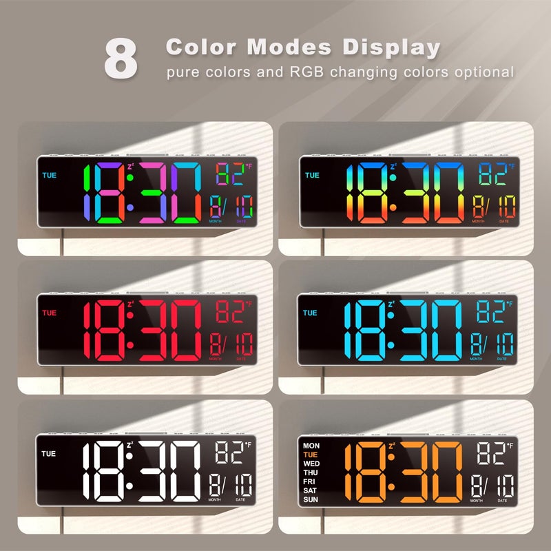 JALL 10.5'' Large Digital Wall Clock with Remote Control, Dual Alarm with Big LED Screen Dispaly, 8 RGB Colors, Auto DST, Temperature for Living Room, Bedroom, Gift for Elderly (White, 10.5 inches) - Image 3