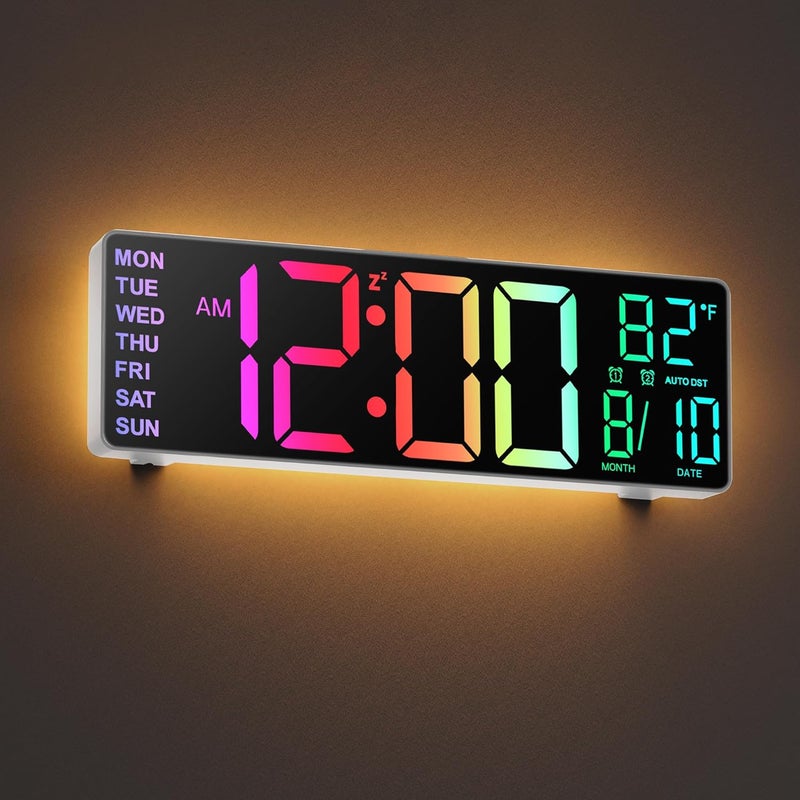 JALL 10.5'' Large Digital Wall Clock with Remote Control, Dual Alarm with Big LED Screen Dispaly, 8 RGB Colors, Auto DST, Temperature for Living Room, Bedroom, Gift for Elderly (White, 10.5 inches) - Image 1