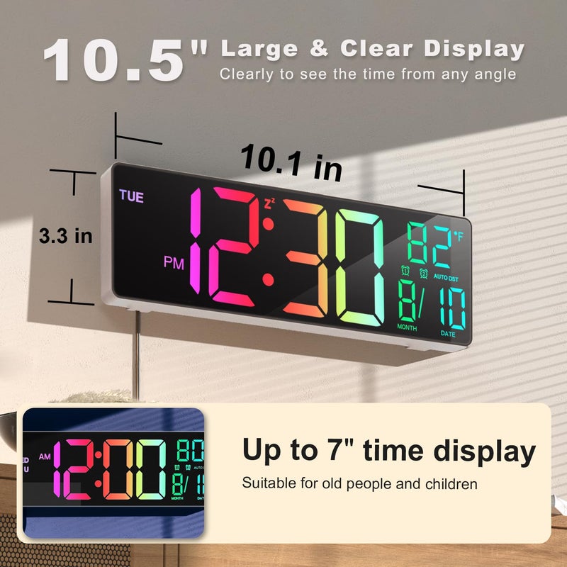 JALL 10.5'' Large Digital Wall Clock with Remote Control, Dual Alarm with Big LED Screen Dispaly, 8 RGB Colors, Auto DST, Temperature for Living Room, Bedroom, Gift for Elderly (White, 10.5 inches) - Image 2