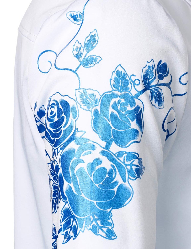 ZEROYAA Men's Hipster Rose Floral Printed Slim Fit Long Sleeve Button Up Party Dress Shirts ZZCL63 White Royal Large - Image 2