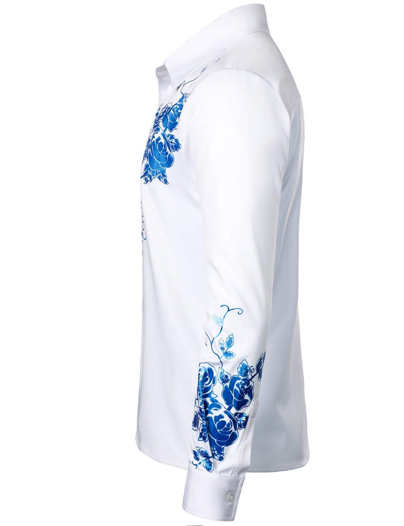 ZEROYAA Men's Hipster Rose Floral Printed Slim Fit Long Sleeve Button Up Party Dress Shirts ZZCL63 White Royal Large - Image 3