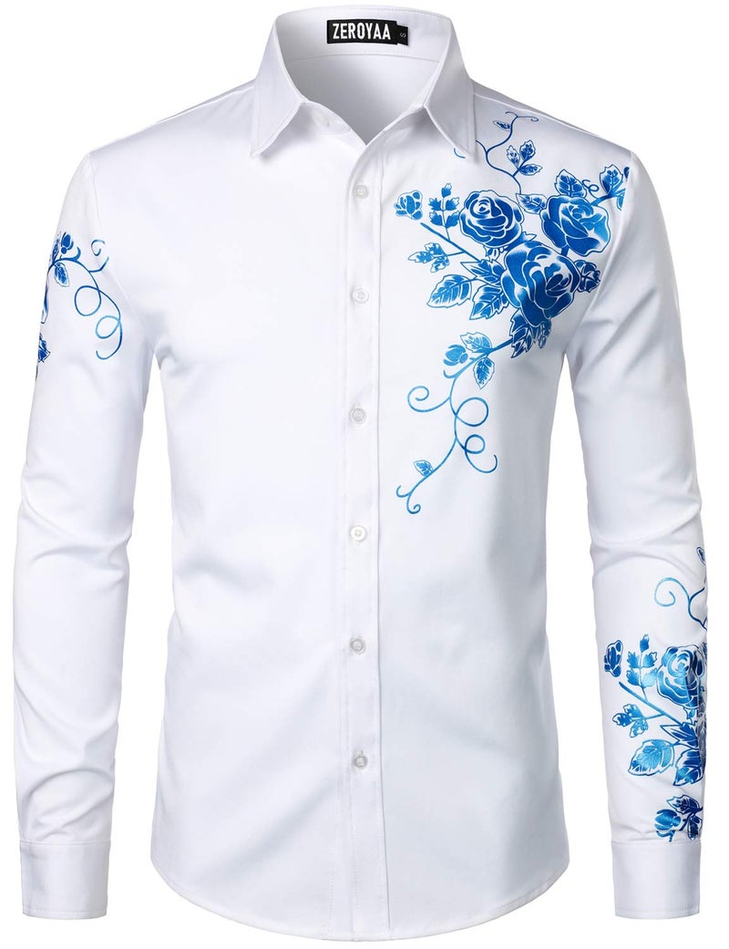 ZEROYAA Men's Hipster Rose Floral Printed Slim Fit Long Sleeve Button Up Party Dress Shirts ZZCL63 White Royal Large - Image 1