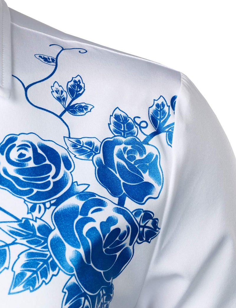 ZEROYAA Men's Hipster Rose Floral Printed Slim Fit Long Sleeve Button Up Party Dress Shirts ZZCL63 White Royal Large - Image 5