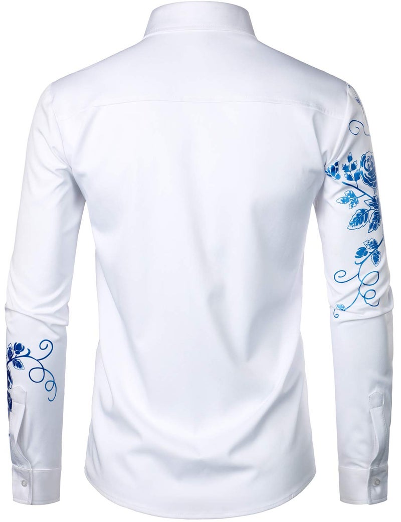 ZEROYAA Men's Hipster Rose Floral Printed Slim Fit Long Sleeve Button Up Party Dress Shirts ZZCL63 White Royal Large - Image 4