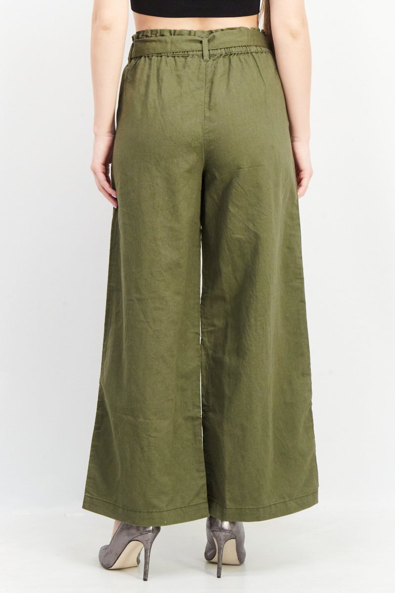 EDC Women Regular Fit Belted Plain Pants, Olive - Image 2