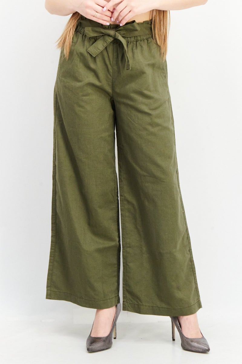 EDC Women Regular Fit Belted Plain Pants, Olive - Image 1