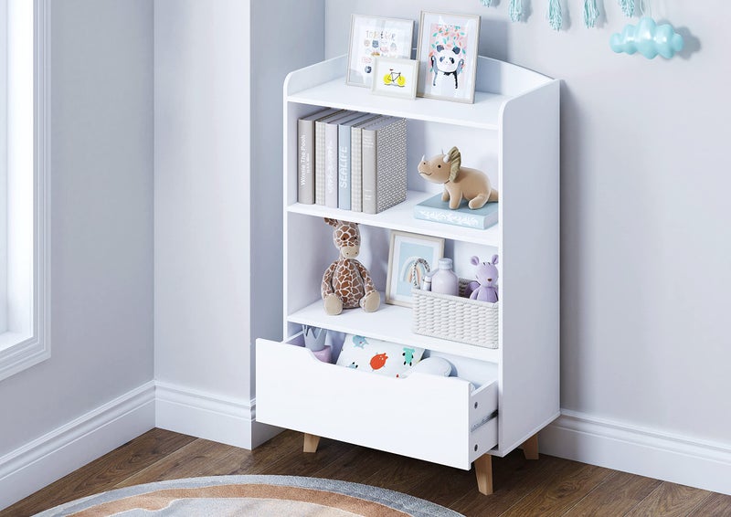 UTEX Kids Bookshelf Children Bookcases with Storage and Drawer Wood Kids Toy Storage Organizer for Playroom Nursery School White