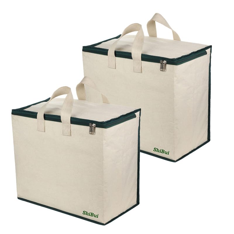 SHIBUI Canvas Reinforced Cotton Handles with Multipurpose Clothes Storage Organizer & Grocery vegetable shopping and Covers Zip Bags. (Green, Pack of 2) - Image 1