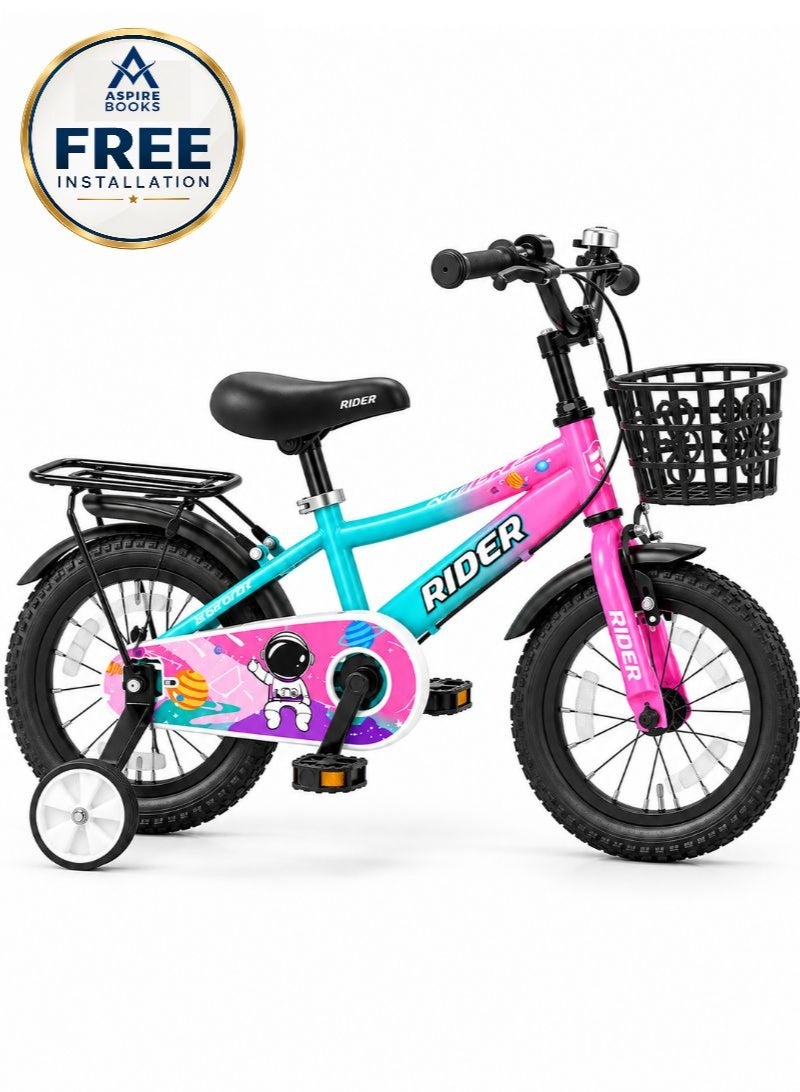 Aspire Books Rider 12-Inch Kids Bicycle with Training Wheels, Green Pink | AGE 2-4 - Image 1