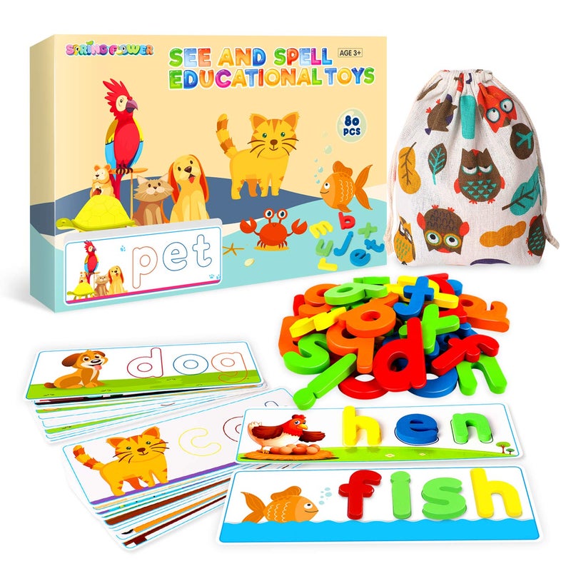 spring flower SpringFlower See & Spell Matching Letter Toy,Learning Educational Toy For 3 4 5 6 Years Old Boys And Girls,Preschool Learning Activities,Shape & Color Recognition Game,Cvc Word Builders For Kids,80Pcs - Image 1