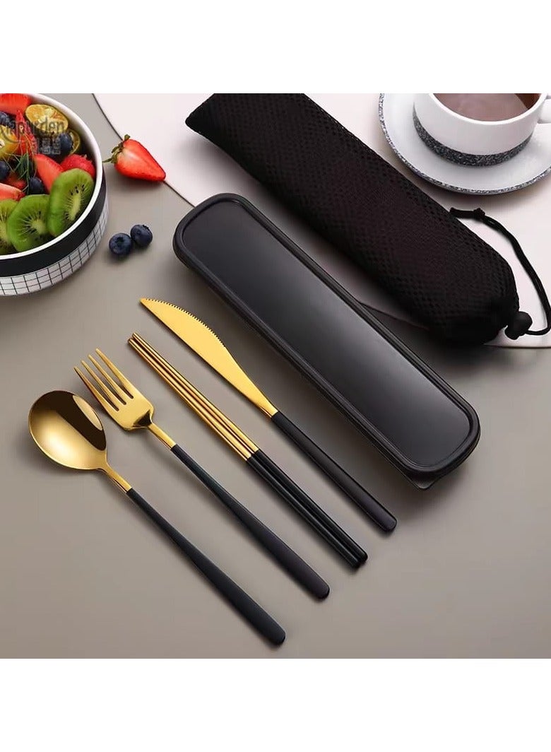 Cutlery Set – Black & Gold Knife | Spoon | Fork | Chopsticks | 4-in-1 Stainless Steel with Box
