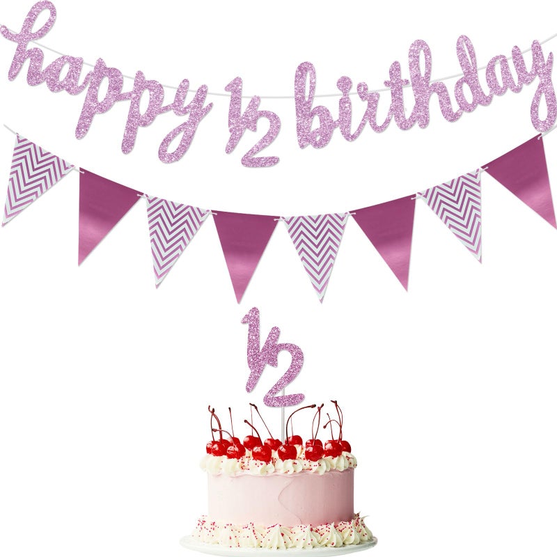 Boao Pre- Strung Half Birthday Decorations Set 6 Months Happy 1/2 Birthday Banner, Glitter 1/2 Half Year Cake Topper, Triangle Flag Banner for Baby Shower Party Photoshoot Props(Pinkish Purple) - Image 1
