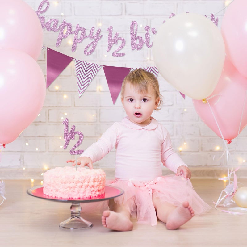 Boao Pre- Strung Half Birthday Decorations Set 6 Months Happy 1/2 Birthday Banner, Glitter 1/2 Half Year Cake Topper, Triangle Flag Banner for Baby Shower Party Photoshoot Props(Pinkish Purple) - Image 5