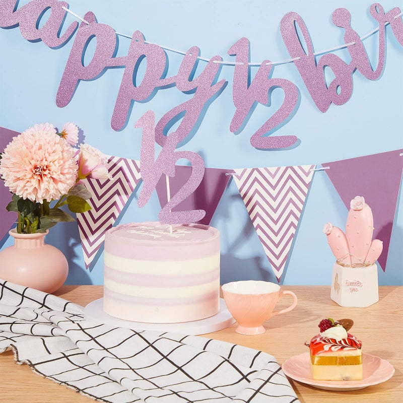 Boao Pre- Strung Half Birthday Decorations Set 6 Months Happy 1/2 Birthday Banner, Glitter 1/2 Half Year Cake Topper, Triangle Flag Banner for Baby Shower Party Photoshoot Props(Pinkish Purple) - Image 4