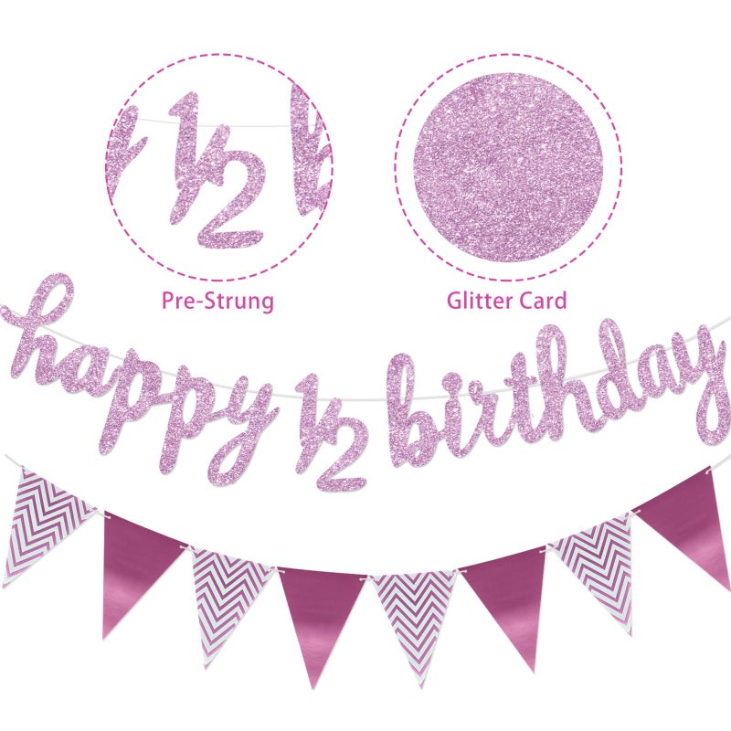 Boao Pre- Strung Half Birthday Decorations Set 6 Months Happy 1/2 Birthday Banner, Glitter 1/2 Half Year Cake Topper, Triangle Flag Banner for Baby Shower Party Photoshoot Props(Pinkish Purple) - Image 3