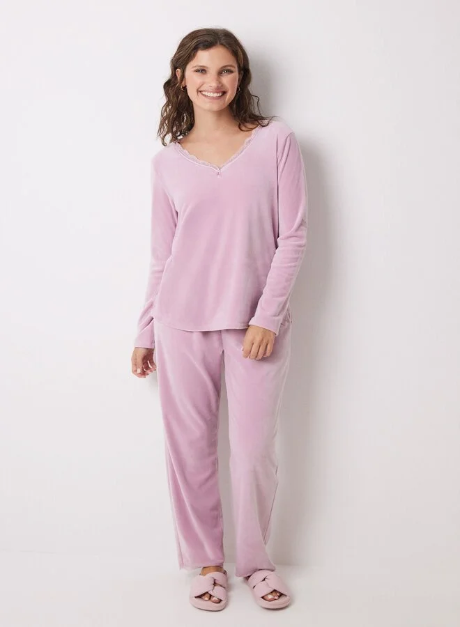 women'secret Long Pink Soft Touch Velvet Pajamas