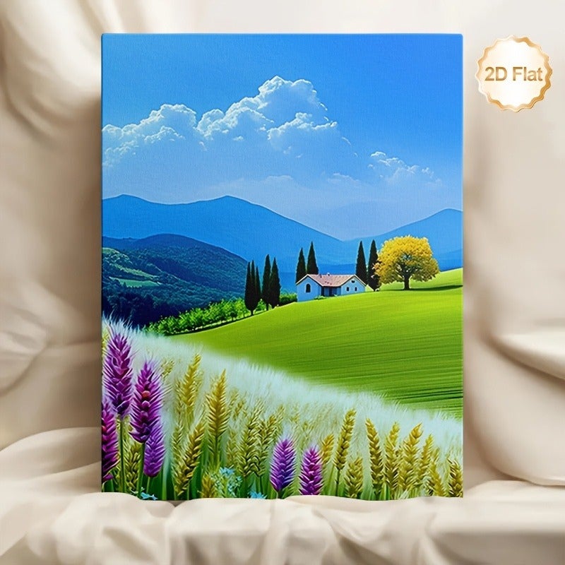 لوحة كانفاس مؤطرة عصرية - منظر طبيعي أخضر تجريدي مع سماء زرقاء، 23.6x35.4 بوصة - Image 5