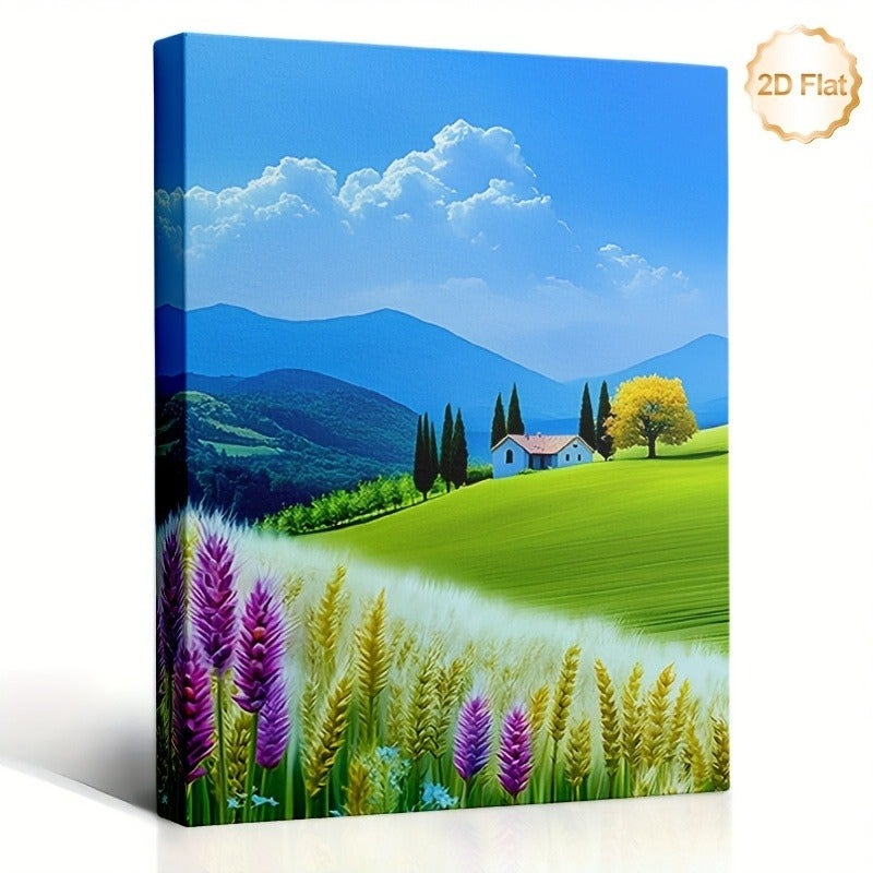 لوحة كانفاس مؤطرة عصرية - منظر طبيعي أخضر تجريدي مع سماء زرقاء، 23.6x35.4 بوصة - Image 2