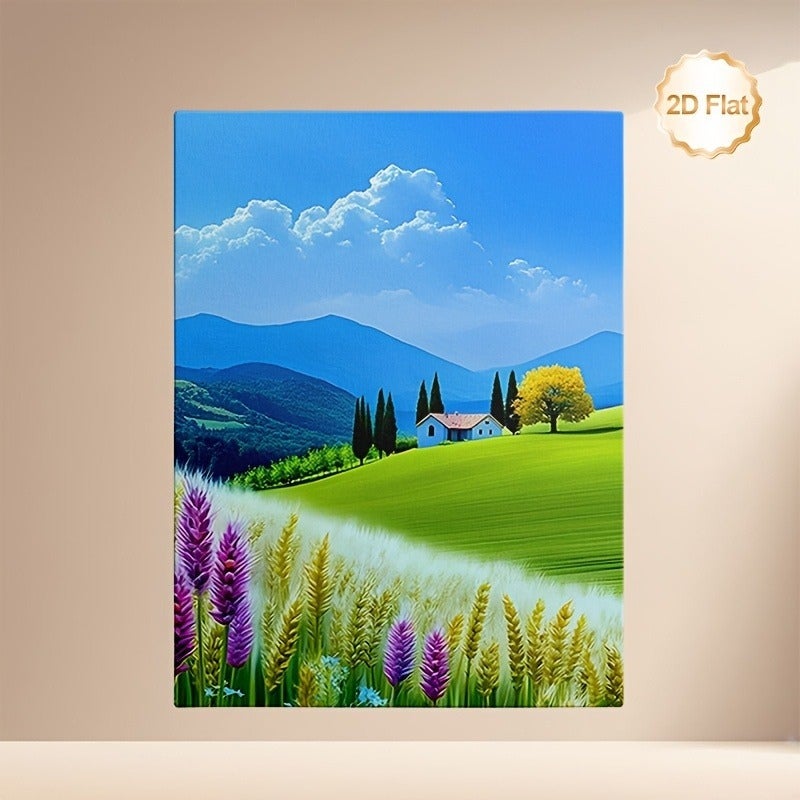 لوحة كانفاس مؤطرة عصرية - منظر طبيعي أخضر تجريدي مع سماء زرقاء، 23.6x35.4 بوصة - Image 1