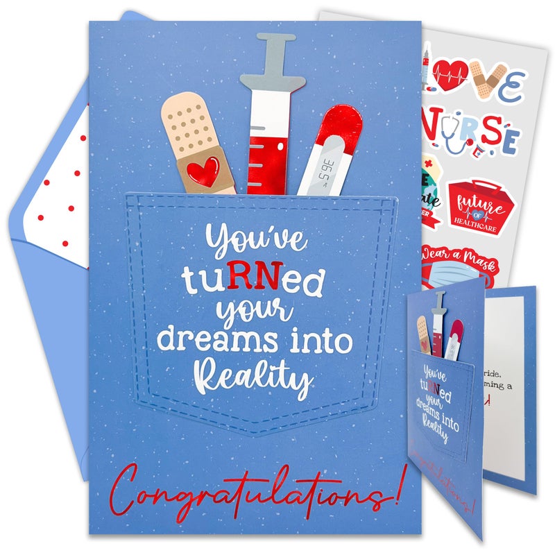 Decorably Red Foiled 5x8in Individual Nurse Graduation Card with Adorable Nursing Pocket and Tools Cutout, Grad Card Set with Envelope and Stickers, with Printed Message Inside - Image 1