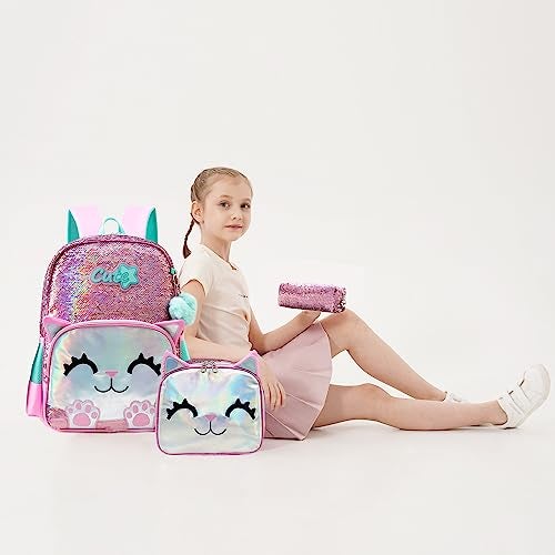 Meetbelify Cute Backpack for Girls Pink Cat School Backpacks Kids Sequin Bookbag for Elementary Kindergarten Students with Lunch Box Pencil Case for Girls 5-12 Years Old - Image 4