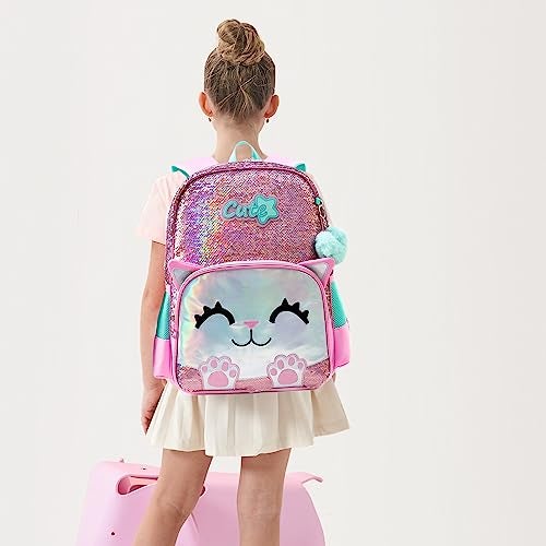 Meetbelify Cute Backpack for Girls Pink Cat School Backpacks Kids Sequin Bookbag for Elementary Kindergarten Students with Lunch Box Pencil Case for Girls 5-12 Years Old - Image 3