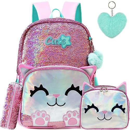 Meetbelify Cute Backpack for Girls Pink Cat School Backpacks Kids Sequin Bookbag for Elementary Kindergarten Students with Lunch Box Pencil Case for Girls 5-12 Years Old - Image 1
