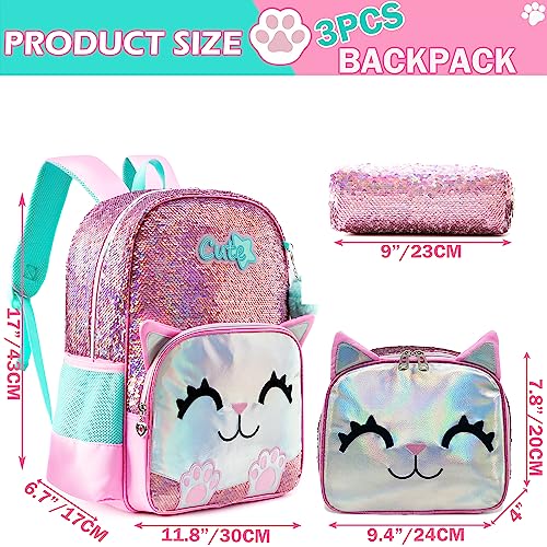 Meetbelify Cute Backpack for Girls Pink Cat School Backpacks Kids Sequin Bookbag for Elementary Kindergarten Students with Lunch Box Pencil Case for Girls 5-12 Years Old - Image 2